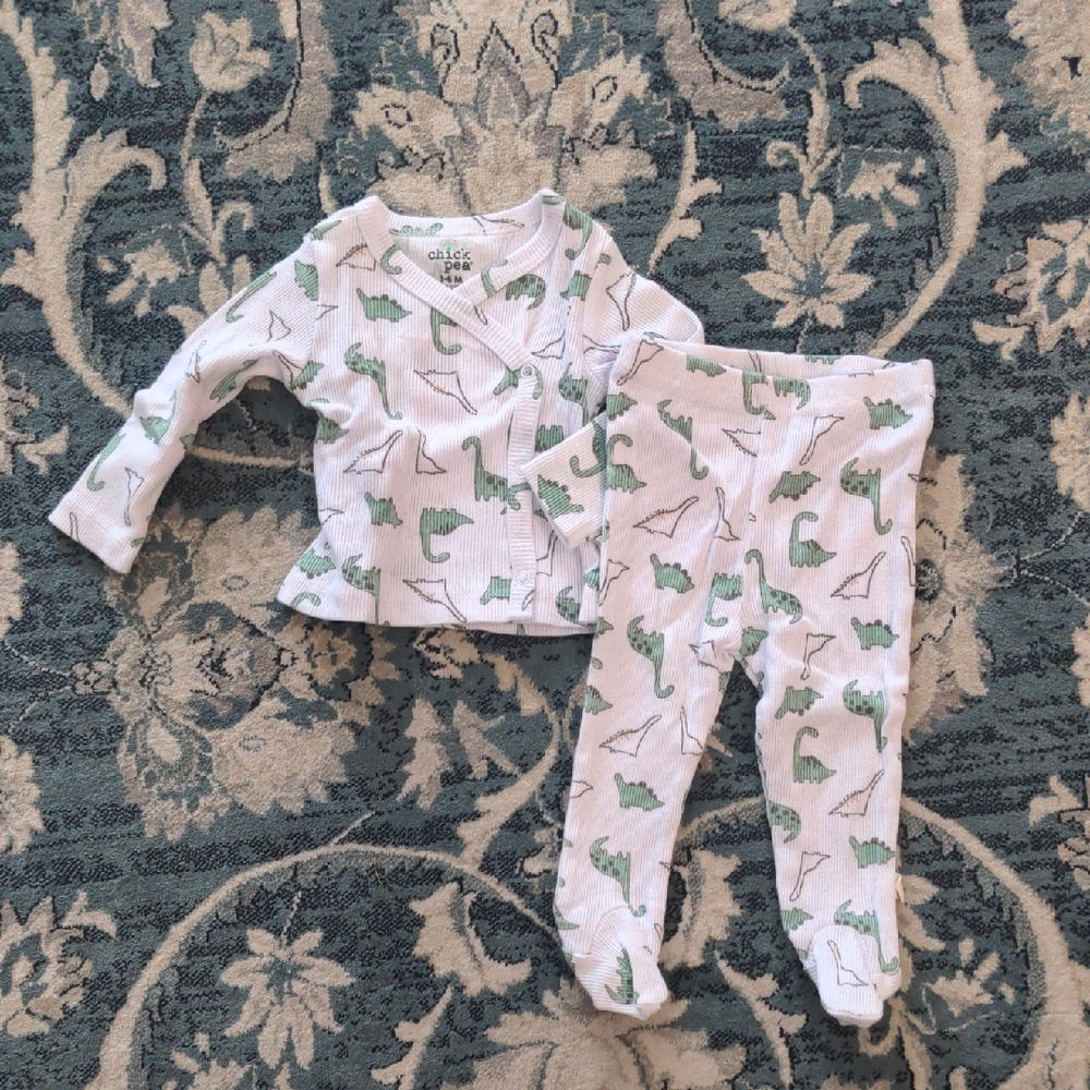 Chick Pea Kids Pajama Set - White with Green Dinosaur Print